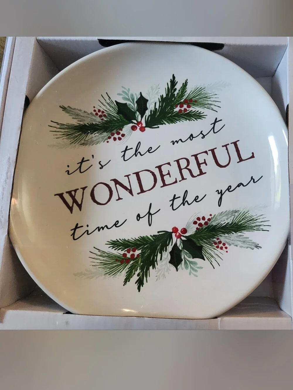 Ceramic Holiday Serving Plate - White with Green and Red Pine Motif